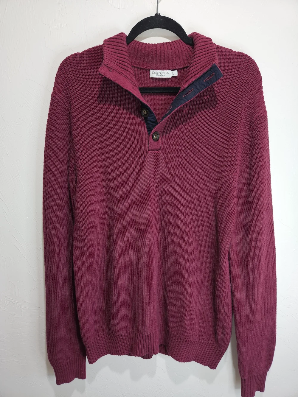 Collars & Co Men's Pullover Sweater 1/4 Button Burgundy Maroon Large Pure Cotton